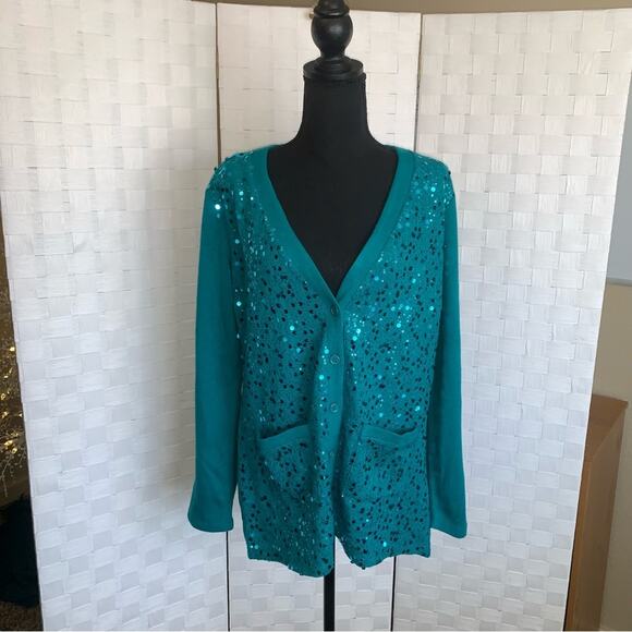 Bob Mackie Womens Wearable Art Sequin Aqua Blue Button Up Cardigan Size Small - Picture 14 of 16